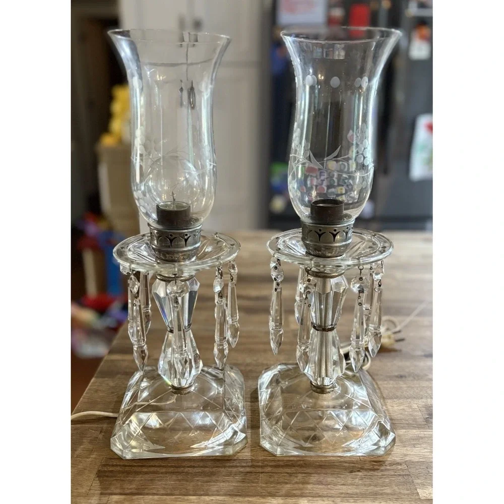VTG Crystal Hurricane Buffet Lamps Mantle Etched Globes Prisms 15